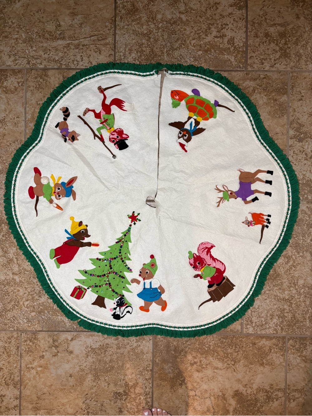 Vintage Christmas Tree Skirt Felt Anthropomorphic Woodland Animals Kitschy